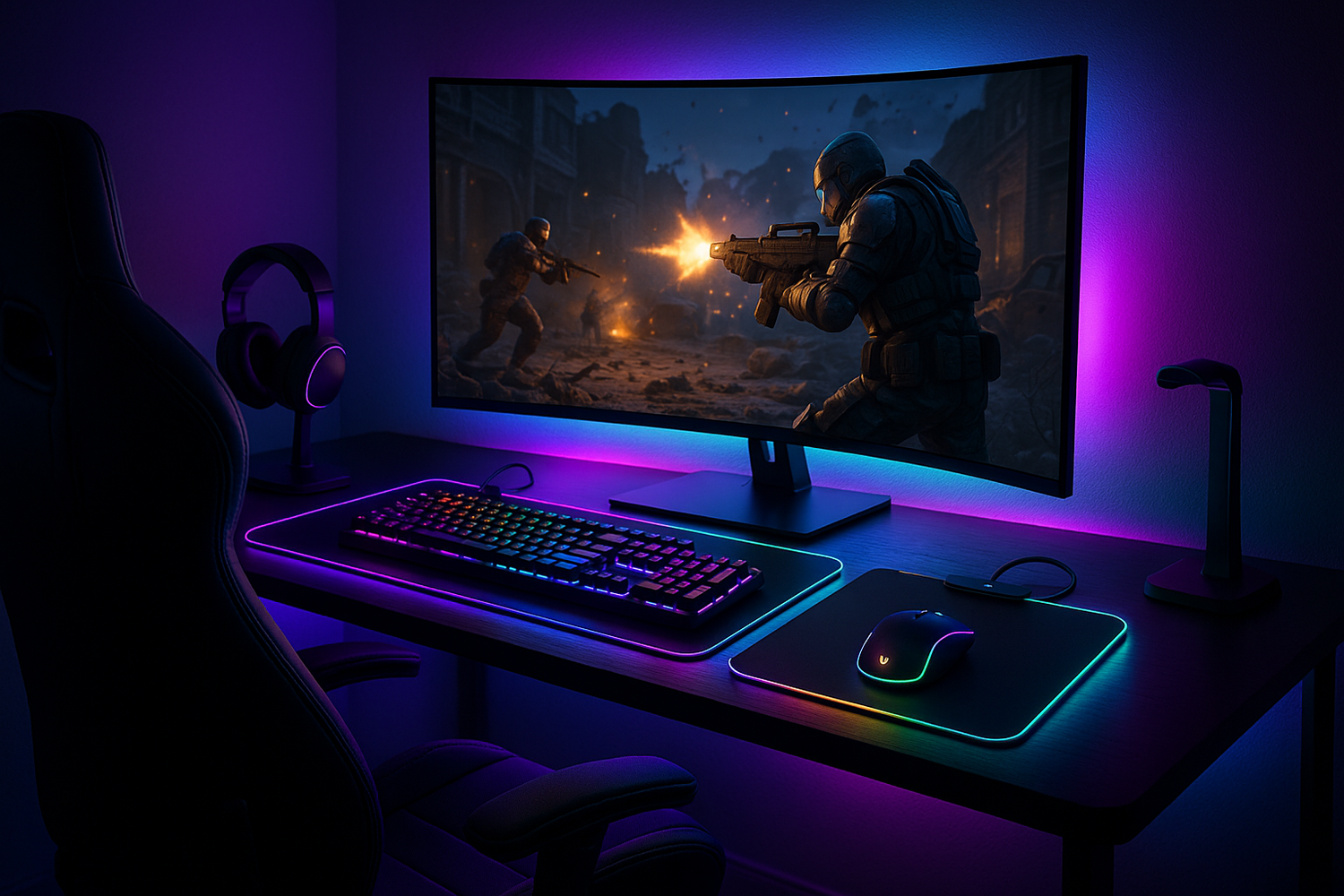 create the ultimate gaming setup, show case our rgb mouse, rgb keboard, rgb mouse pad with wirless charger. have a monitor with rgb lights matching the screen image and a strip light under the desk