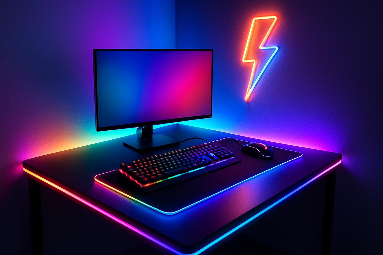 a desk in the corner of a room with an rgb led strip running around, a rgb mouse and keboard pad(rgb runs around the edge) and a Led lightning bolt sign on the wall