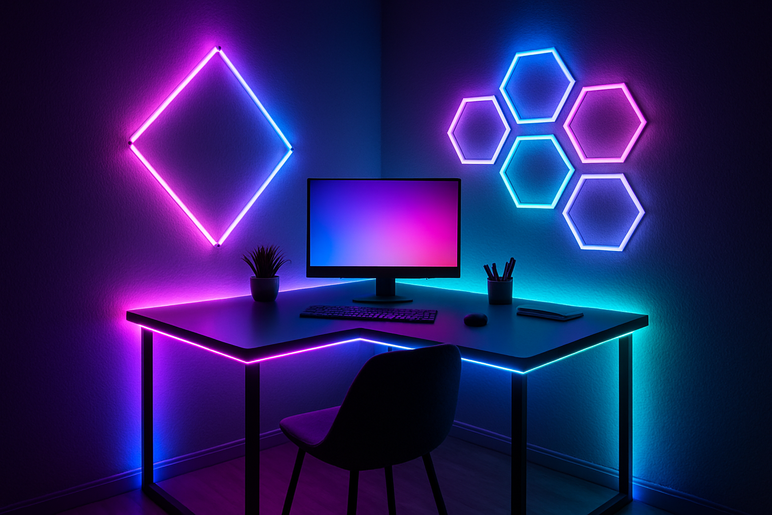 Rgb strip light in home office, around the dest and onm the wall with a pattern